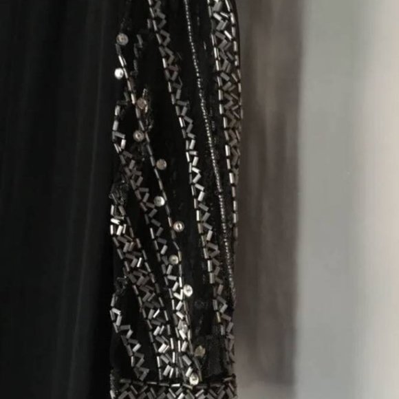 Bob Mackie Art Deco Gown Mandarin Neck Black Sheer Mesh, Deep V Plunge Beaded, - Picture 11 of 12